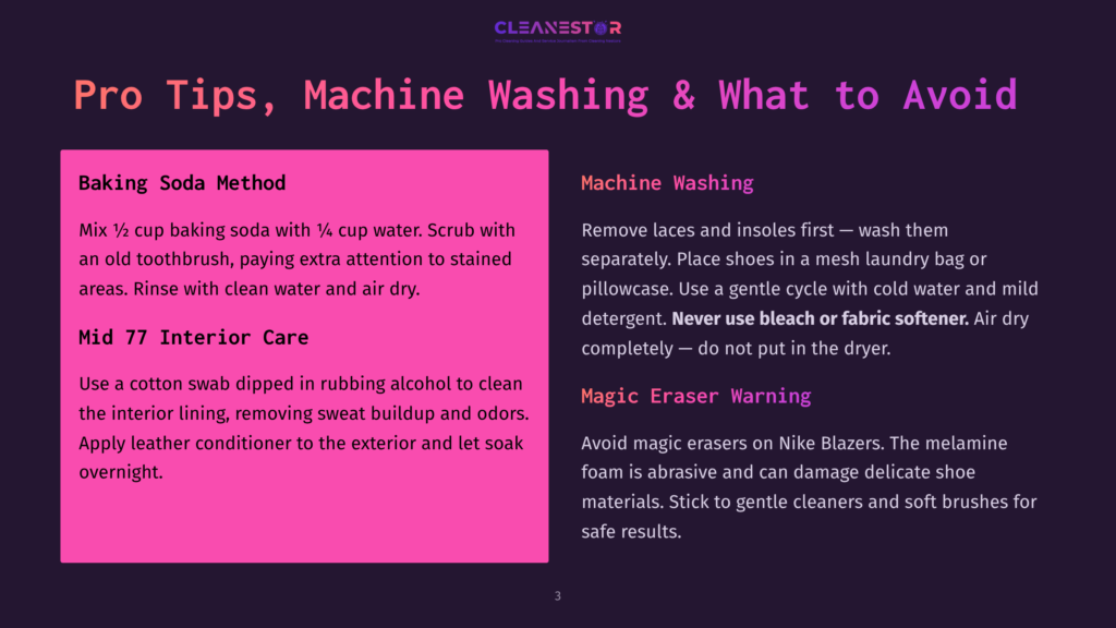 Infographic With Text: &Quot;Pro Tips, Machine Washing &Amp; What To Avoid&Quot; - &Quot;Baking Soda Method&Quot; And &Quot;Mid 70 Interior Care&Quot; On The Left, &Quot;Machine Washing&Quot; And &Quot;Magic Eraser Warning&Quot; On The Right, Against A Dark Purple Background.