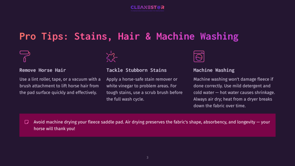 Cleanestor Pro Tips: Stains, Hair &Amp; Machine Washing. Includes Icons And Text For Removing Horse Hair, Tackling Stubborn Stains, And Machine Washing Instructions.