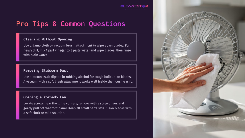 3 Pro Tips And Common Questions Close-Up Of A Hand Cleaning A White Electric Fan With A White Cloth, Showing Cleaning Tips For Fans.