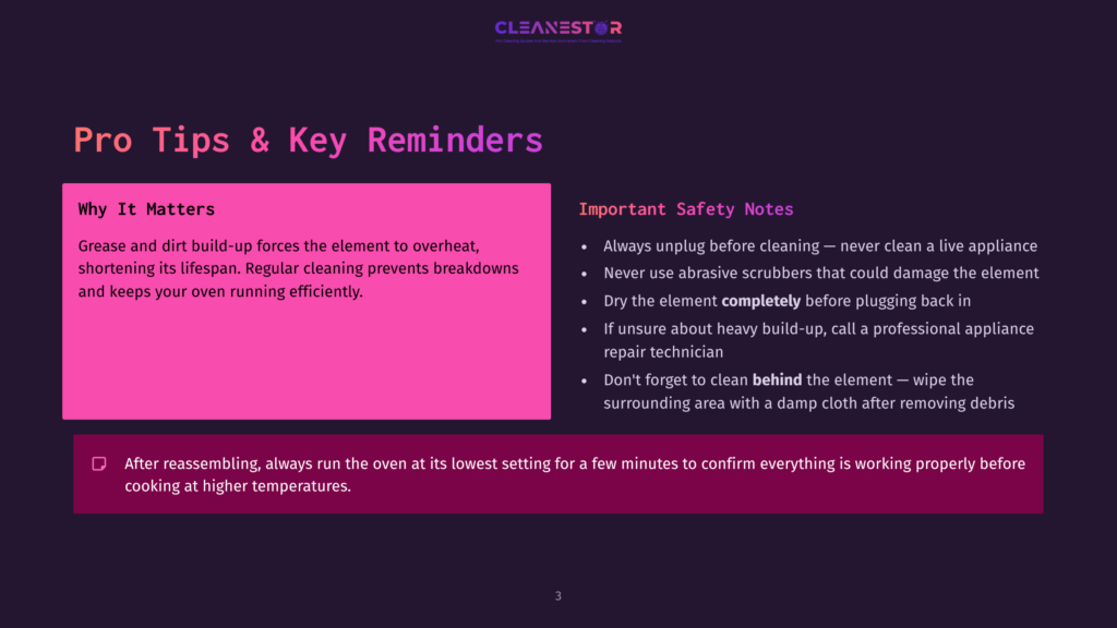 Presentation Slide With &Quot;Cleanestor&Quot; Logo, &Quot;Pro Tips &Amp; Key Reminders&Quot; Title, And Bullet Points On Oven Cleaning And Safety, Including &Quot;Why It Matters&Quot; And &Quot;Important Safety Notes.
