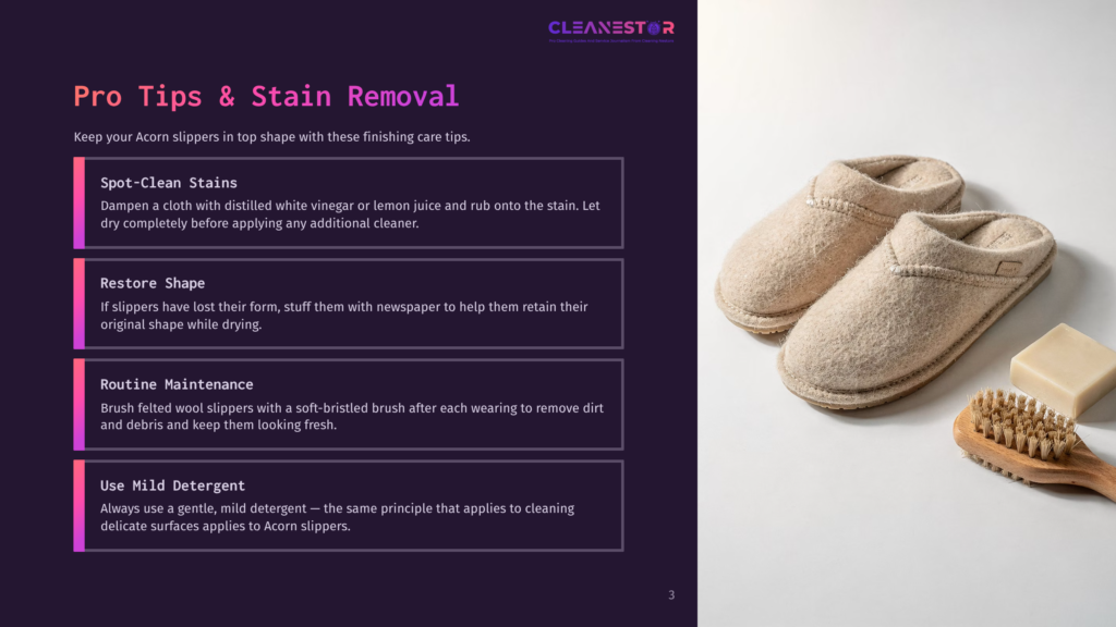 Cozy, Neutral-Colored Wool Slippers Sit On A White Surface Next To A Wooden Brush And A Bar Of Soap, Suggesting Slipper Care And Maintenance.