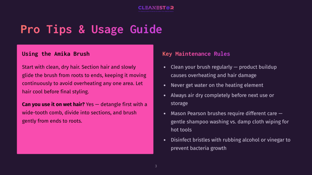 Amika Brush Pro Tips &Amp; Usage Guide: Clean Your Brush Regularly, Never Get Water On The Heating Element, And Always Air Dry. Disinfect Bristles With Rubbing Alcohol Or Vinegar.