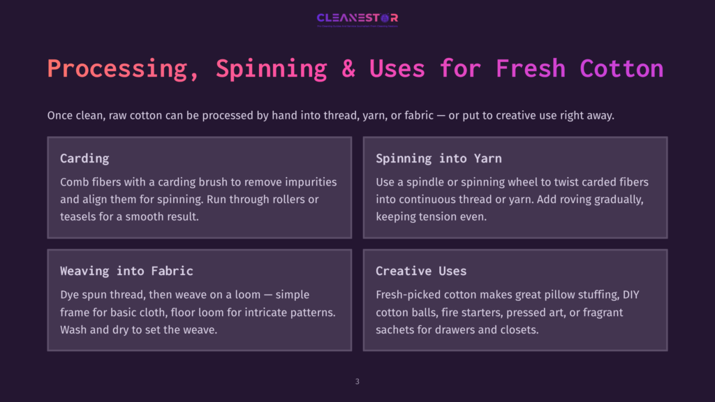 Diagram Detailing The Processing, Spinning, And Uses For Fresh Cotton, Including Carding, Spinning Into Yarn, Weaving Into Fabric, And Creative Uses Like Pillow Stuffing And Fire Starters.