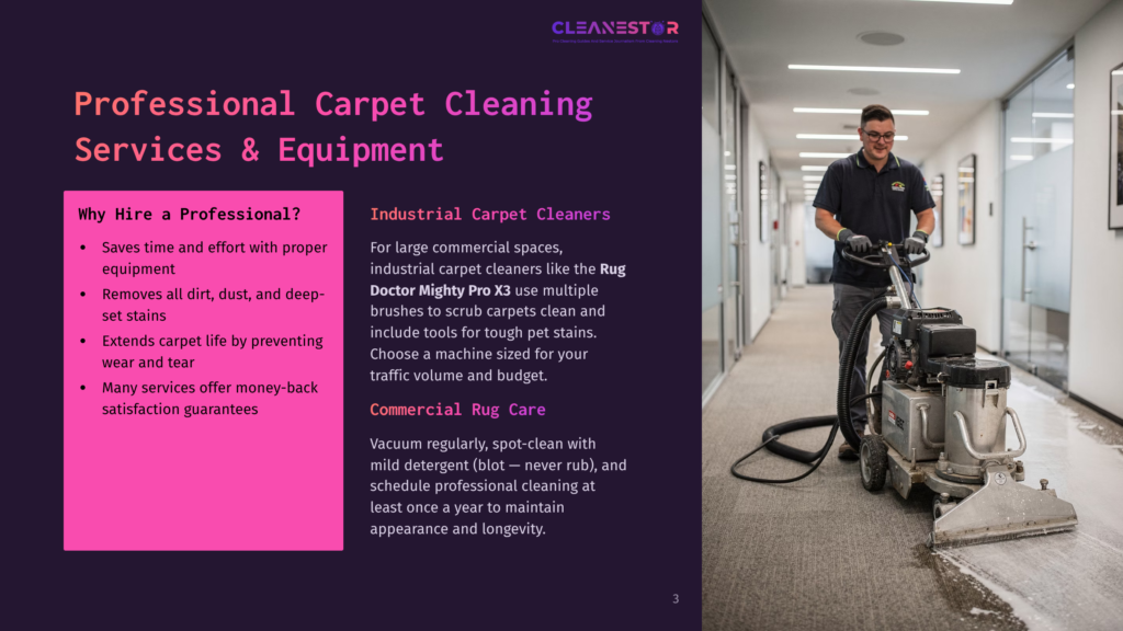 A Man In A Blue Polo Shirt And Dark Pants Uses A Large, Industrial Carpet Cleaning Machine With A Brush To Scrub A Light-Colored Carpet In A Modern Office Hallway.