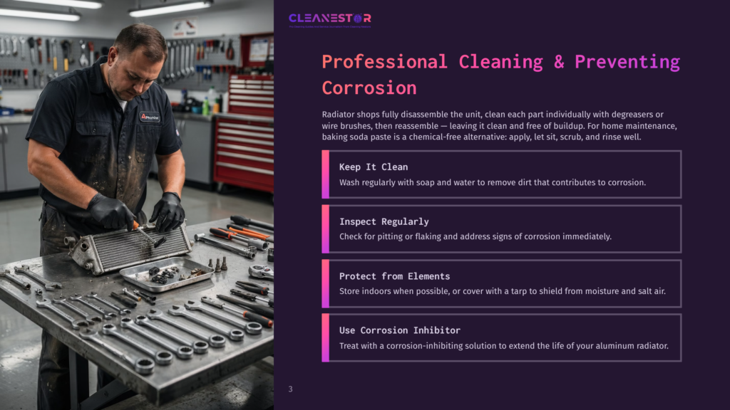 Professional Cleaning And Preventing Corrosion: A Mechanic In Gloves Carefully Disassembles A Radiator, Surrounded By Tools And Cleaning Supplies. The Image Highlights Radiator Repair And Maintenance.