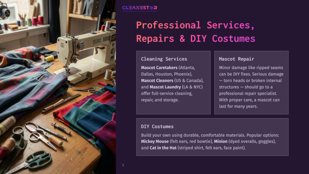 3 Professional Services Repairs And Diy Costumes Sewing Machine With Colorful Fabric Scraps And Sewing Tools On A Wooden Table, With The Cleanestor Logo And Text About Professional Services, Repairs, And Diy Costumes Visible.
