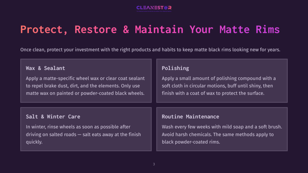 Infographic With Text: &Quot;Protect, Restore &Amp; Maintain Your Matte Rims.&Quot; Sections Include &Quot;Wax &Amp; Sealant,&Quot; &Quot;Polishing,&Quot; &Quot;Salt &Amp; Winter Care,&Quot; And &Quot;Routine Maintenance,&Quot; Offering Tips For Matte Black Rim Care.