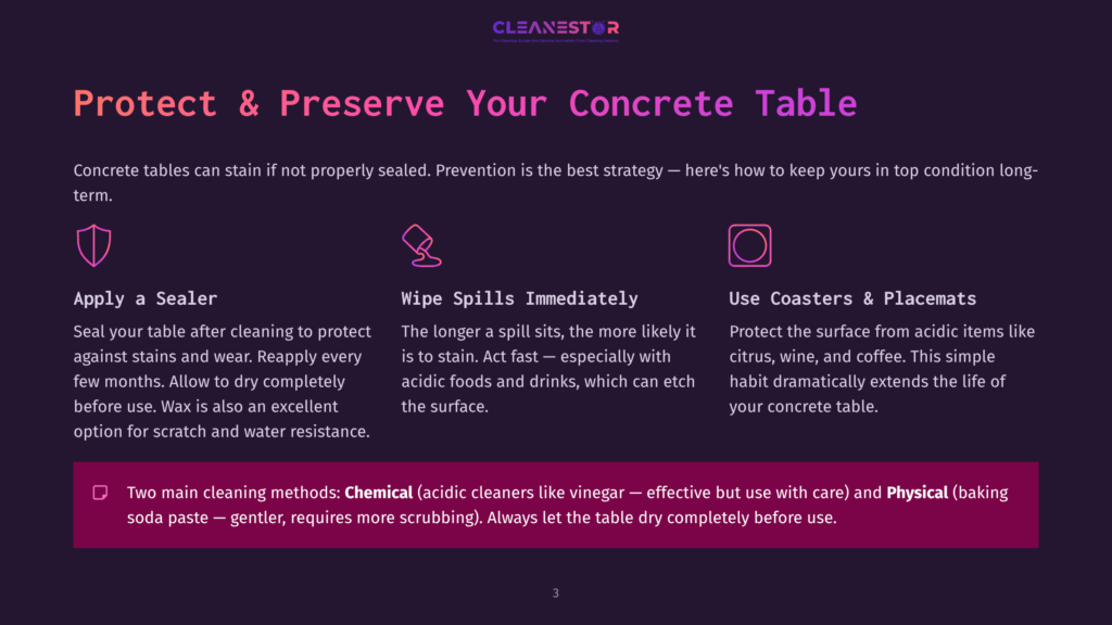 Protect &Amp; Preserve Your Concrete Table: Seal, Wipe Spills Immediately, And Use Coasters &Amp; Placemats To Protect The Surface From Acidic Foods And Drinks, Extending Its Life.