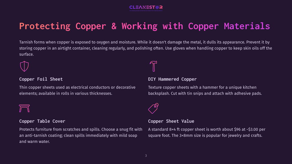 3 Protecting Copper And Working With Copper Materials Cleanestor Logo With The Text &Quot;Pro Cleaning Service And Innovative Solutions For Cleaning Success.&Quot; Below, A Graphic Illustrates Four Ways To Use Copper: Copper Foil Sheets, Diy Hammered Copper, Copper Table Cover, And Copper Sheet Value With Icons Representing Each. The Text Details Copper'S Properties And Uses.