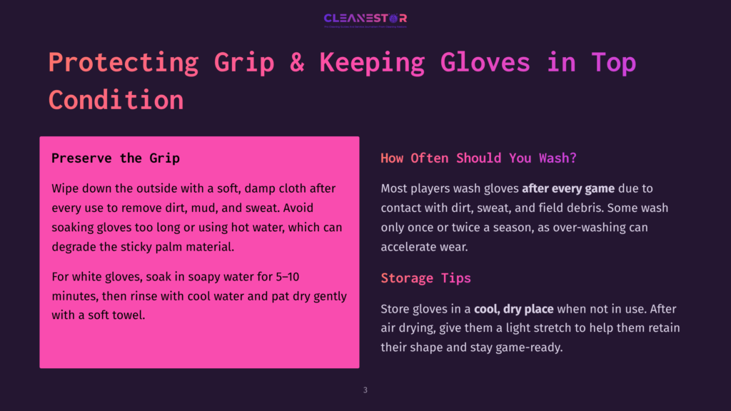 Text Overlay On A Dark Purple Background About Protecting Grip And Keeping Gloves In Top Condition. Sections Include &Quot;Preserve The Grip&Quot; And &Quot;How Often Should You Wash?&Quot; With Bullet Points.