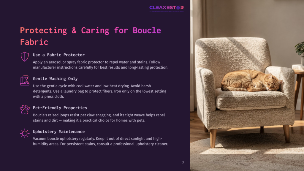A Cozy Armchair Upholstered In Textured Boucle Fabric Sits In A Well-Lit Room, With A Ginger Cat Napping Peacefully On Its Seat. The Image Is Part Of A Guide On Protecting And Caring For Boucle Fabric.