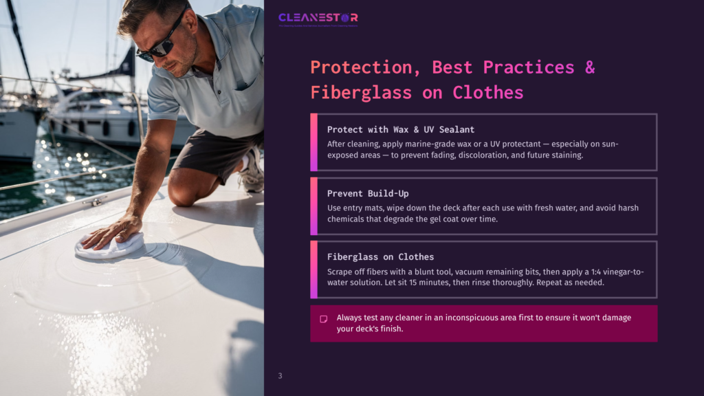 Man In Sunglasses Cleaning A White Boat Deck With A White Sponge, With Sailboats In The Background. Text Overlay: &Quot;Cleanestor&Quot;, &Quot;Protection, Best Practices &Amp; Fiberglass On Clothes&Quot;.