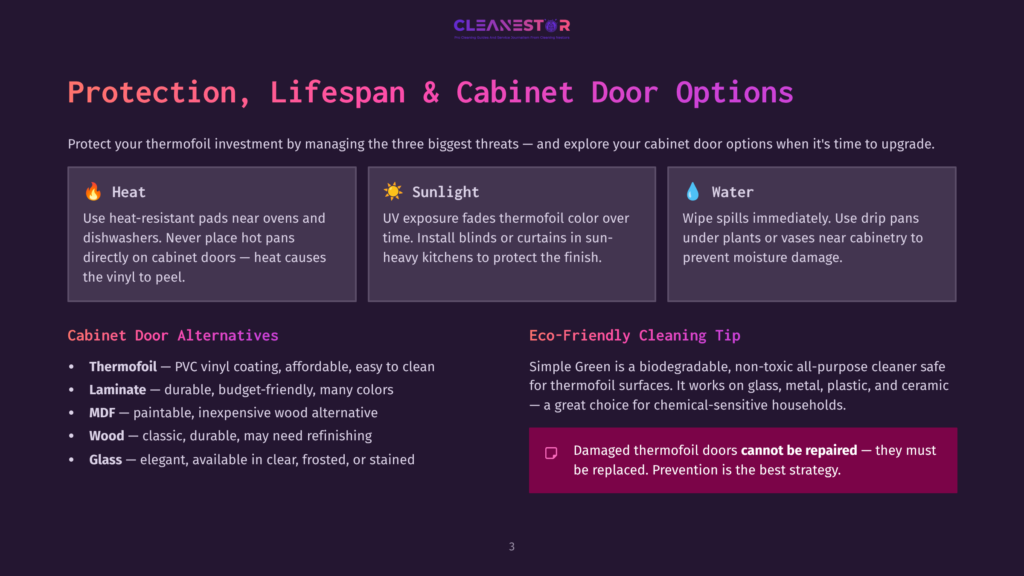 Infographic Detailing Cabinet Door Protection Options Against Heat, Sunlight, And Water Damage. Features Three Columns With Icons And Text Explaining Thermofoil, Laminate, Mdf, Wood, And Glass Cabinet Door Alternatives.