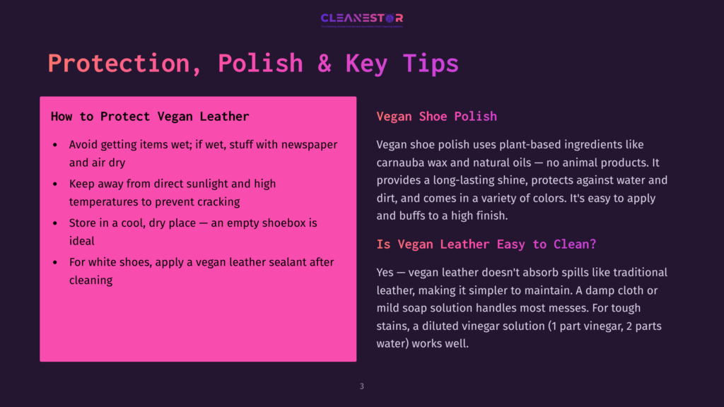Presentation Slide Titled &Quot;Protection, Polish &Amp; Key Tips&Quot; With Sections On &Quot;How To Protect Vegan Leather&Quot; And &Quot;Vegan Shoe Polish.