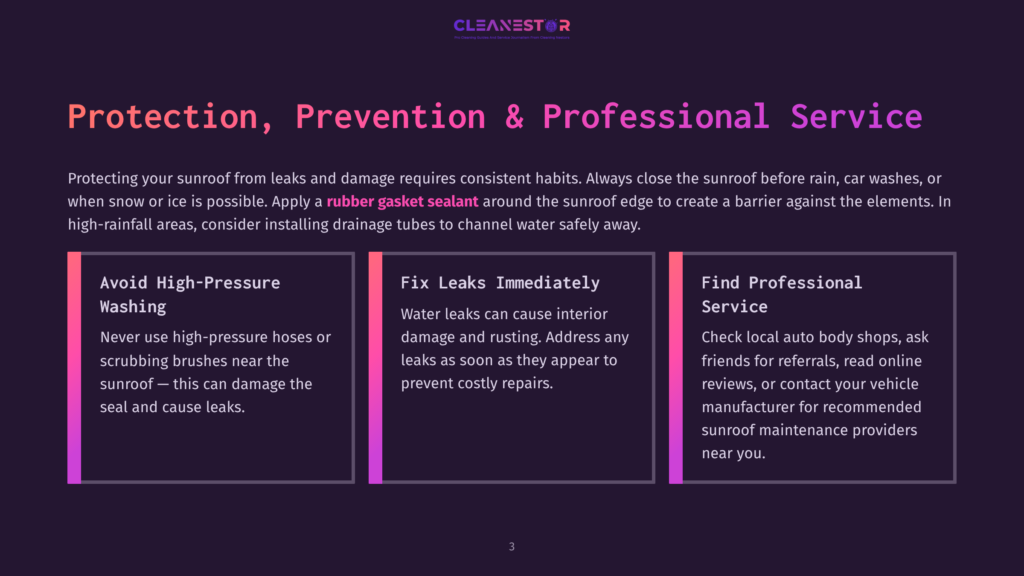Cleanestor Logo Above Three Cards: &Quot;Avoid High-Pressure Washing&Quot;, &Quot;Fix Leaks Immediately&Quot;, And &Quot;Find Professional Service&Quot; With Advice On Sunroof Protection And Maintenance.