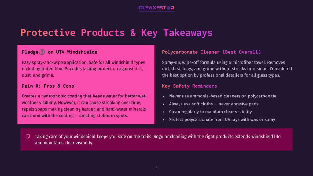 3 Protective Products And Key Takeaways Protective Products &Amp; Key Takeaways: Pledge® On Utv Windshields And Polycarbonate Cleaner. Includes Pros &Amp; Cons Of Rain-X And Safety Reminders For Polycarbonate Surfaces.