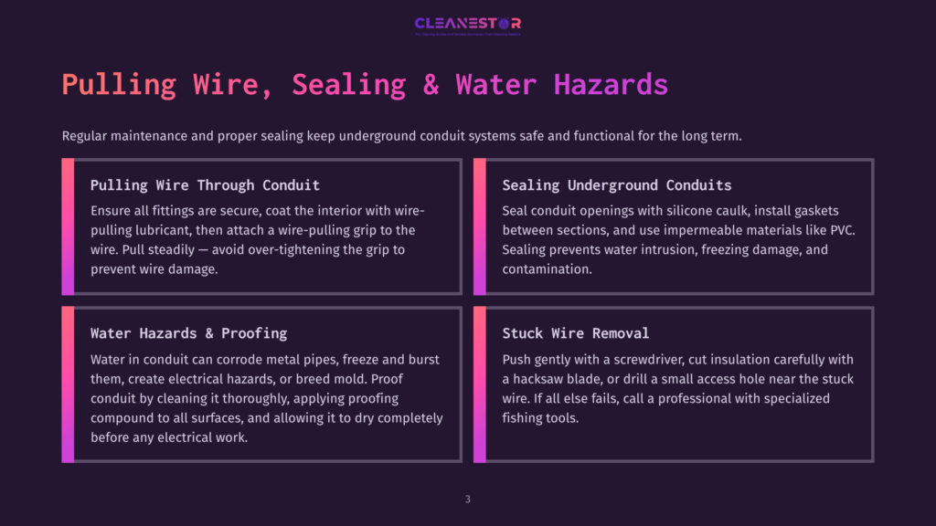 Diagram Outlining Conduit Pulling, Sealing, And Water Hazard Prevention For Electrical Wiring, Including Tips For Secure Connections And Waterproofing.
