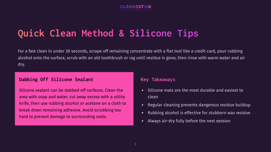 Cleanestor Logo With The Text &Quot;Quick Clean Method &Amp; Silicone Tips&Quot; Over A Dark Purple Background. Below Are Instructions For Cleaning Silicone Sealant, With A Pink Box Highlighting &Quot;Dabbing Off Silicone Sealant&Quot; And A Section Titled &Quot;Key Takeaways&Quot;.