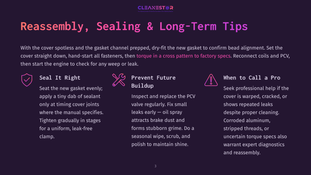 Illustration Showing Three Sections On Reassembly, Sealing, And Long-Term Care For A Car Engine, With Icons And Text Guiding Proper Gasket Installation And Maintenance.