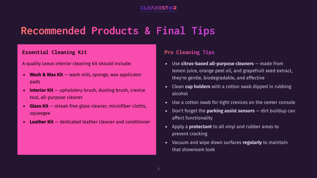 3 Recommended Products And Final Tips A Slide Titled &Quot;Recommended Products &Amp; Final Tips&Quot; Lists Lexus Interior Cleaning Products Like Wash &Amp; Wax Mitt And Interior Kit, And Pro Cleaning Tips Such As Using Citrus-Based Cleaners And Protecting Parking Assist Sensors.