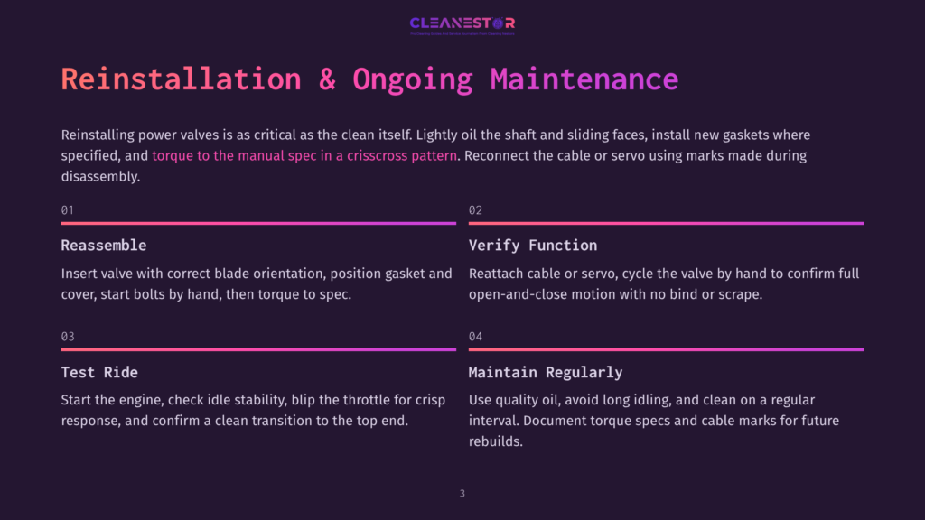 Cleanestor Logo Above Steps For Reinstallation And Ongoing Maintenance Of Power Valves: Reassemble, Verify Function, Test Ride, Maintain Regularly.
