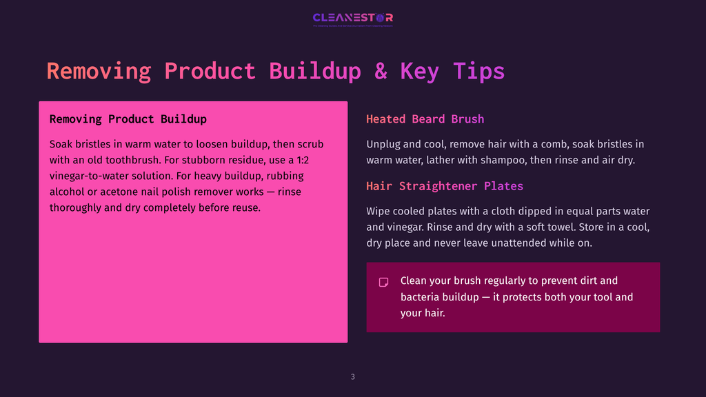3 Removing Product Buildup And Key Tips The Cleanestor Logo Is At The Top Of A Dark Purple Slide With A Pink Section On The Left. The Pink Section Details How To Remove Product Buildup From Makeup Brushes, And The Right Side Explains How To Clean Beard Brushes And Hair Straighteners.