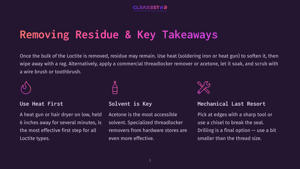 Cleanestor Logo And Text &Quot;Removing Residue &Amp; Key Takeaways&Quot; With Icons For Heat, Solvent, And Mechanical Removal Of Loctite Residue.