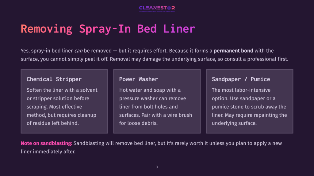 3 Removing Spray In Bed Liner Removing Spray-In Bed Liner: Options Include Chemical Stripper, Power Washer, And Sandpaper/Pumice. Learn How To Remove Spray-In Bed Liner Effectively.