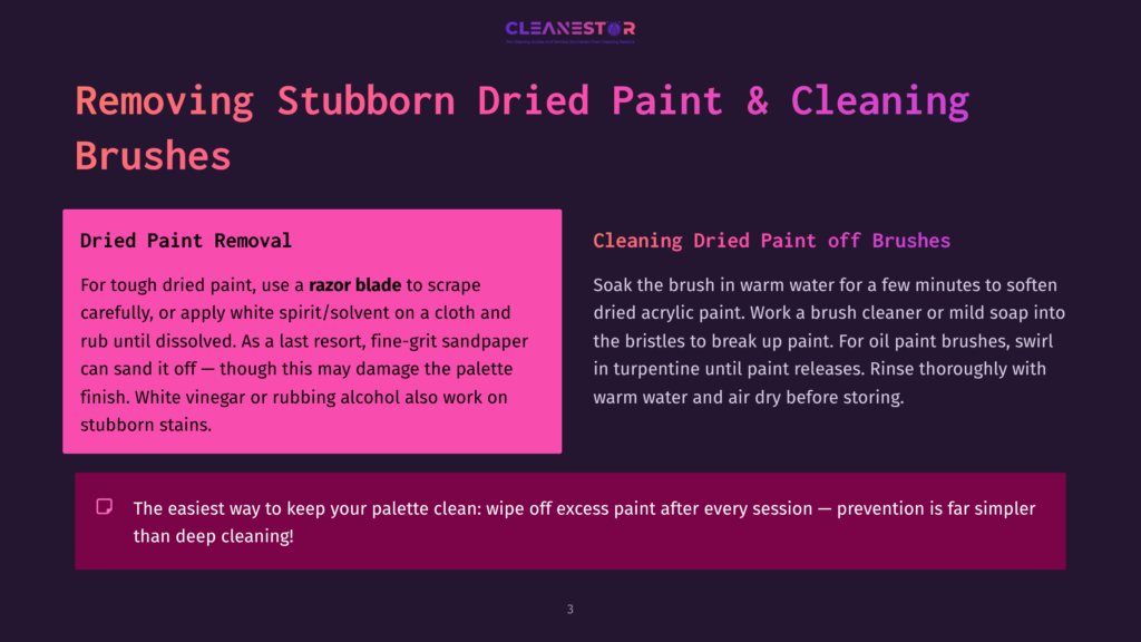 3 Removing Stubborn Dried Paint And Cleaning Brushes Two Panels Describe How To Remove Dried Paint From Brushes And Tools. The Left Panel, &Quot;Dried Paint Removal,&Quot; Offers Advice For Tough Dried Paint, Suggesting Scraping, White Spirit, Or Fine-Grit Sandpaper. The Right Panel, &Quot;Cleaning Dried Paint Off Brushes,&Quot; Details How To Clean Acrylic Paint With A Brush Cleaner Or Mild Soap And Turpentine, Followed By Rinsing And Air Drying.