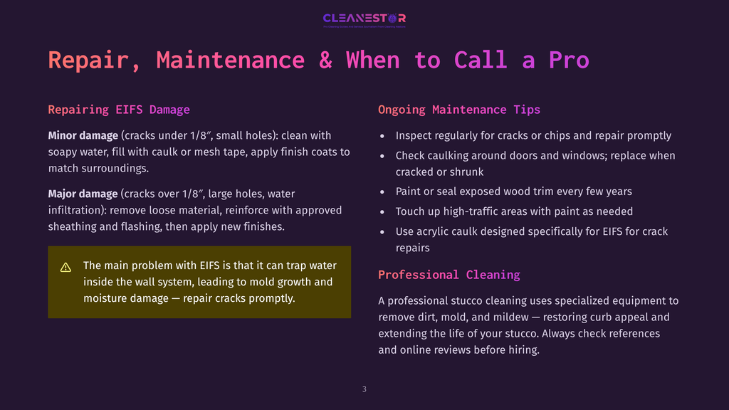 3 Repair Maintenance And When To Call A Pro Cleanestor Logo. Text Reads &Quot;Repair, Maintenance &Amp; When To Call A Pro&Quot;. Sections Detail Eifs Damage Repair And Ongoing Maintenance Tips, With A Warning About Eifs Wall Issues.