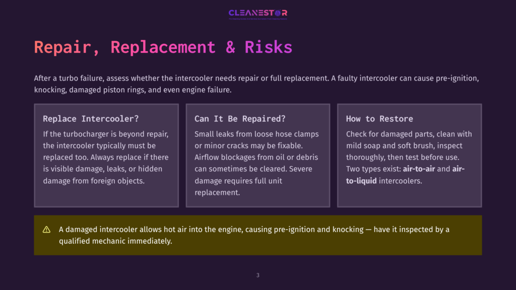 3 Repair Replacement And Risks Infographic Detailing Turbocharger Intercooler Repair, Replacement, And Restoration. Text Highlights Common Issues Like Pre-Ignition And Knocking, And Offers Advice On When To Replace, Repair, Or Restore The Intercooler.