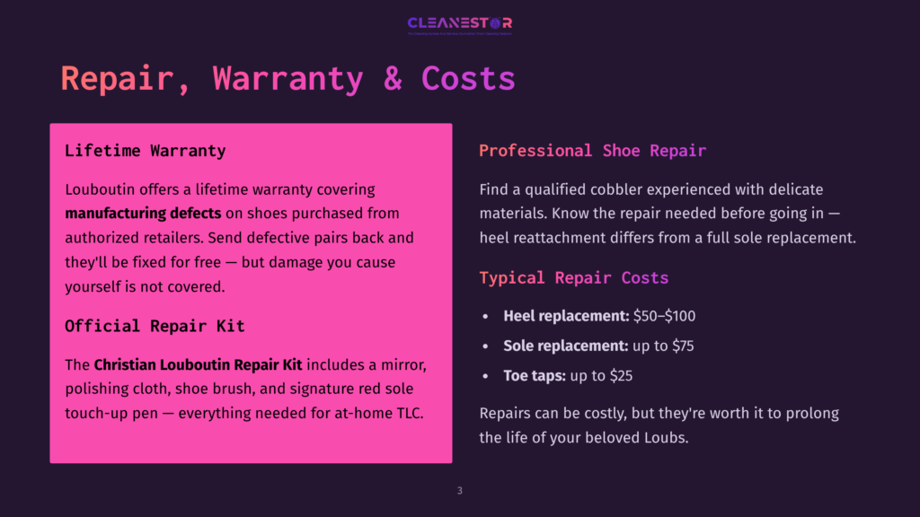 Dark Background With Text About &Quot;Repair, Warranty &Amp; Costs&Quot; For Christian Louboutin Shoes, Detailing Lifetime Warranty, Professional Shoe Repair, And Typical Repair Costs Like Heel Replacement ($50-$100) And Sole Replacement ($75).