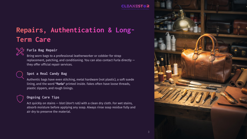 A Dimly Lit Workshop Features A Vintage Brown Leather Duffel Bag And An Assortment Of Leatherworking Tools, Including Knives, Awls, And Needles, Laid Out On A Wooden Workbench. Text On The Left Reads &Quot;Repairs, Authentication &Amp; Long-Term Care&Quot; And Lists Services Like &Quot;Furla Bag Repair&Quot; And &Quot;Spot A Real Candy Bag.