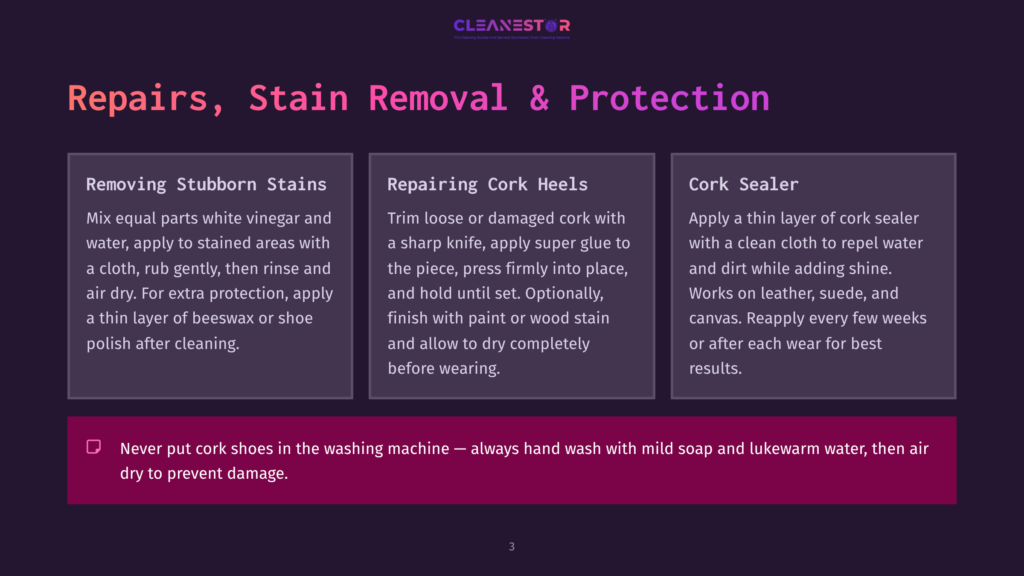 Cleanestor Logo Above Three Sections: &Quot;Removing Stubborn Stains,&Quot; &Quot;Repairing Cork Heels,&Quot; And &Quot;Cork Sealer,&Quot; With Instructions For Cleaning And Protecting Cork Shoes.