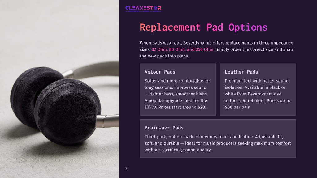 Close-Up Of Black Beyerdynamic Headphones With Plush Velour Ear Pads, Showcasing Replacement Pad Options Like Velour And Leather Pads.