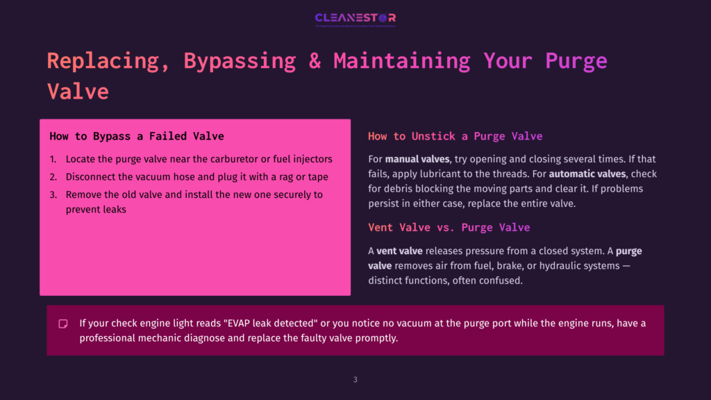 A Graphic With Purple And Pink Backgrounds Displays Text About Replacing, Bypassing, And Maintaining Purge Valves, Including Instructions On How To Bypass A Failed Valve And How To Unstick A Purge Valve.