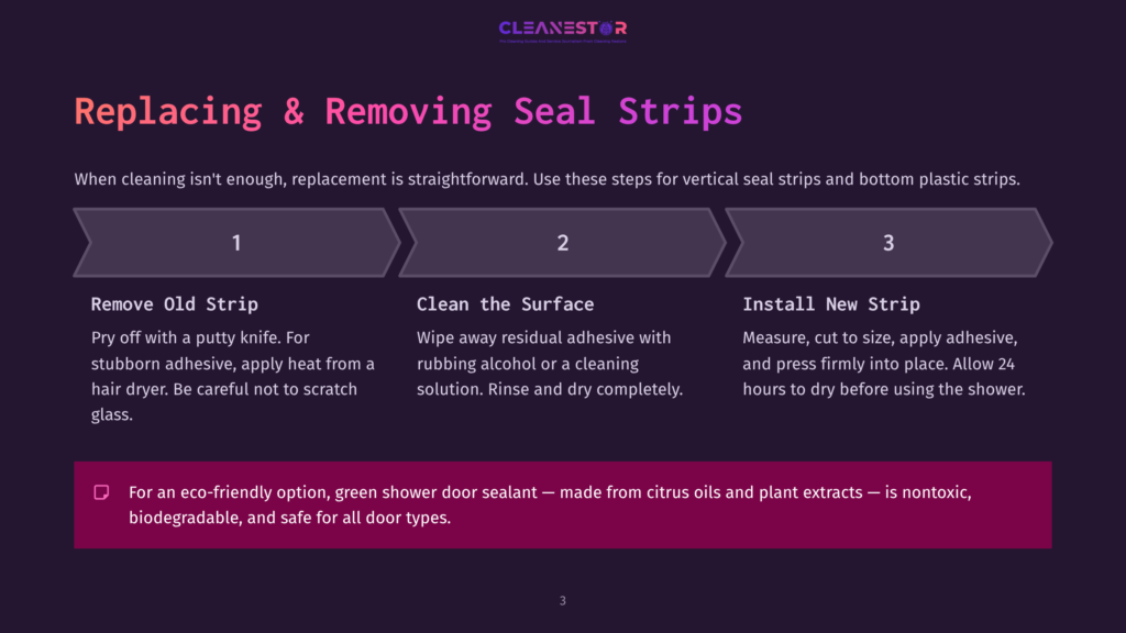 Infographic Illustrating How To Replace And Remove Seal Strips For Shower Doors, With Steps Numbered 1, 2, And 3: Remove Old Strip, Clean The Surface, And Install New Strip. Includes Eco-Friendly Option Text.