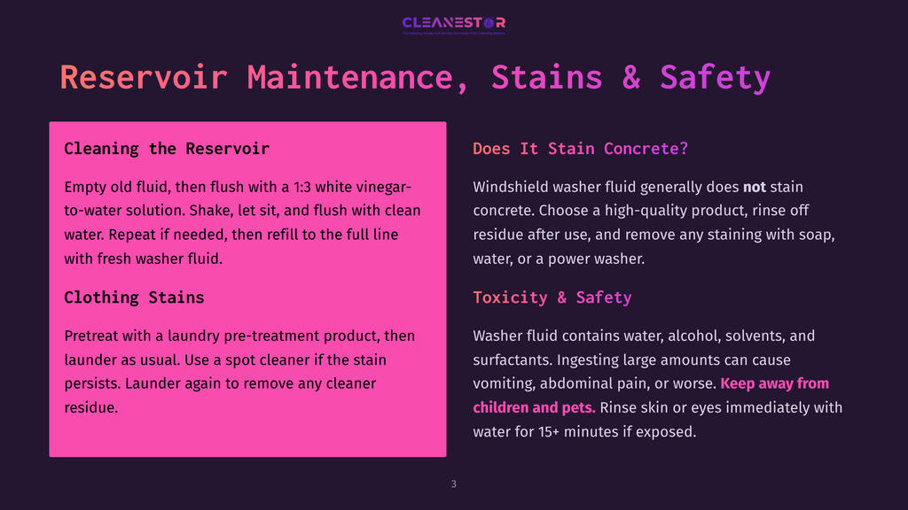 3 Reservoir Maintenance Stains And Safety A Dark Purple Slide With The Title &Quot;Reservoir Maintenance, Stains &Amp; Safety&Quot; In White And Pink Text. The Slide Is Divided Into Two Sections: &Quot;Cleaning The Reservoir&Quot; And &Quot;Clothing Stains&Quot; On The Left, And &Quot;Does It Stain Concrete?&Quot; And &Quot;Toxicity &Amp; Safety&Quot; On The Right, With Bulleted Instructions And Warnings.