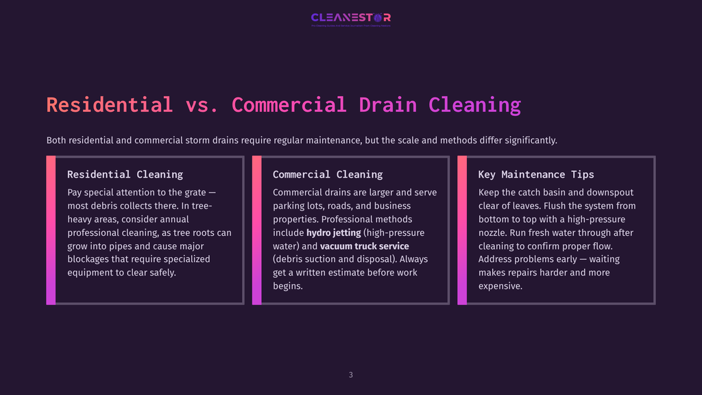Comparison Of Residential Vs. Commercial Drain Cleaning Services, Highlighting Key Differences And Maintenance Tips With Text Sections: &Quot;Residential Cleaning,&Quot; &Quot;Commercial Cleaning,&Quot; And &Quot;Key Maintenance Tips.