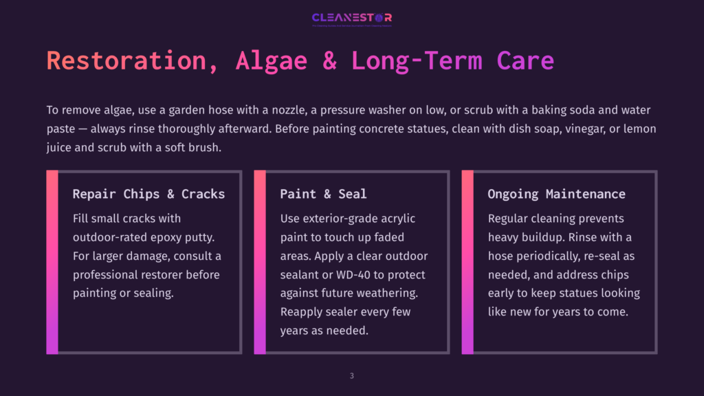 3 Restoration Algae And Long Term Care Three Columns Detailing Concrete Statue Restoration, Algae Removal, And Long-Term Maintenance. The Columns Cover Repair Chips &Amp; Cracks, Paint &Amp; Seal, And Ongoing Maintenance With Text And Graphics.
