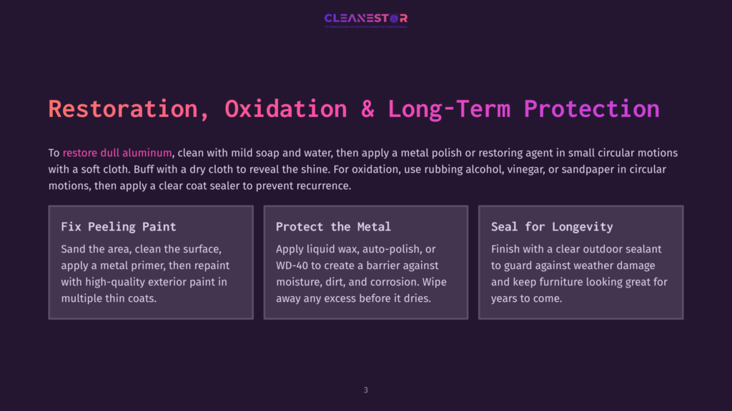 Purple Background With &Quot;Cleanestor&Quot; Logo At The Top. Main Text Reads &Quot;Restoration, Oxidation &Amp; Long-Term Protection&Quot; And Details How To Restore Dull Aluminum, Protect Metal, And Seal For Longevity With Three Distinct Boxes.