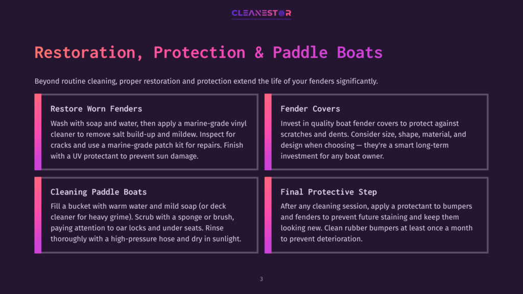 3 Restoration Protection And Paddle Boats Infographic Titled &Quot;Restoration, Protection &Amp; Paddle Boats&Quot; With Sections On Restoring Worn Fenders, Fender Covers, Cleaning Paddle Boats, And Final Protective Steps.