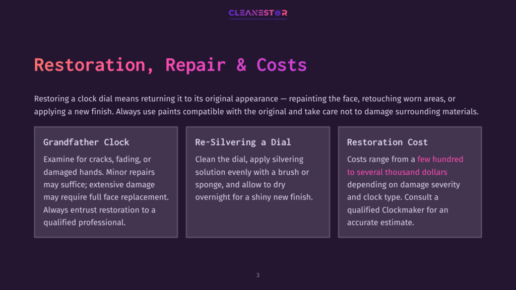 Restoration, Repair &Amp; Costs: Three Sections Detail Clock Dial Repainting, Re-Silvering, And Restoration Cost Estimates.