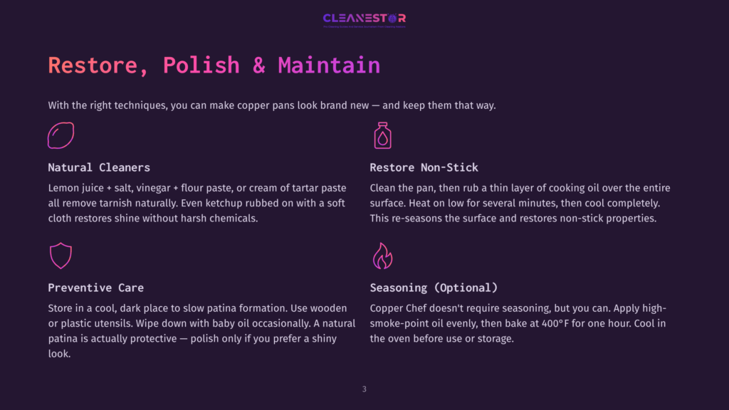 Instructions For Restoring, Polishing, And Maintaining Copper Cookware, Including Natural Cleaners, Non-Stick Seasoning, And Preventive Care Tips.
