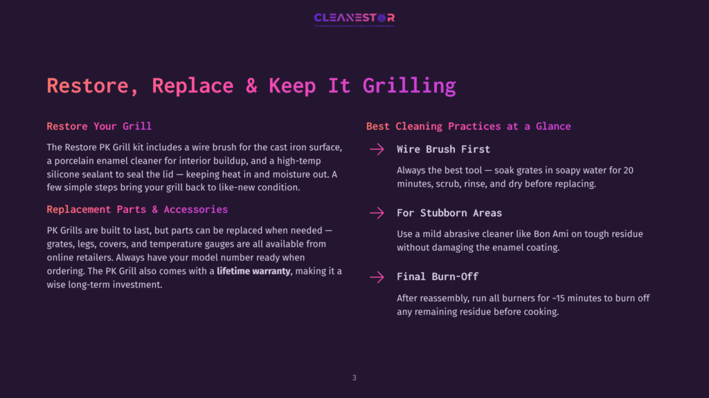 Cleanestor Logo With Tagline &Quot;The Premier Grill Cleaning Service.&Quot; Text Details Pk Grill Restoration, Replacement Parts, And Best Cleaning Practices Like Wire Brushing Grates And Final Burn-Off.