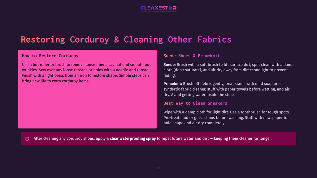 A Graphic With The Title &Quot;Restoring Corduroy &Amp; Cleaning Other Fabrics&Quot; And Sections On &Quot;How To Restore Corduroy,&Quot; &Quot;Suede Shoes &Amp; Primeknit,&Quot; And &Quot;Best Way To Clean Sneakers.