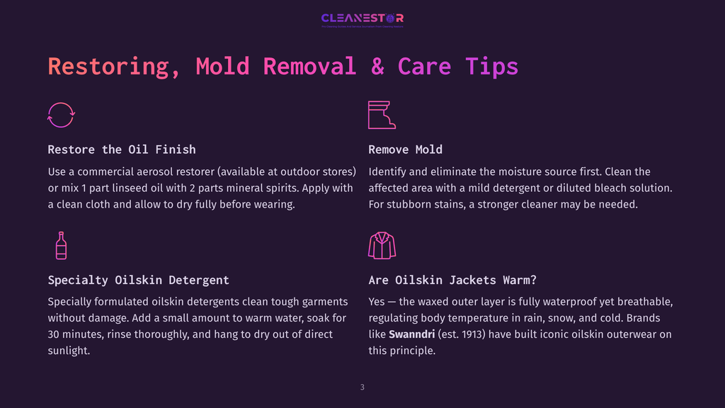 Restoring, Mold Removal &Amp; Care Tips: Icons For Cleaning Oil Finish, Removing Mold, Specialty Oilskin Detergent, And Oilskin Jackets.