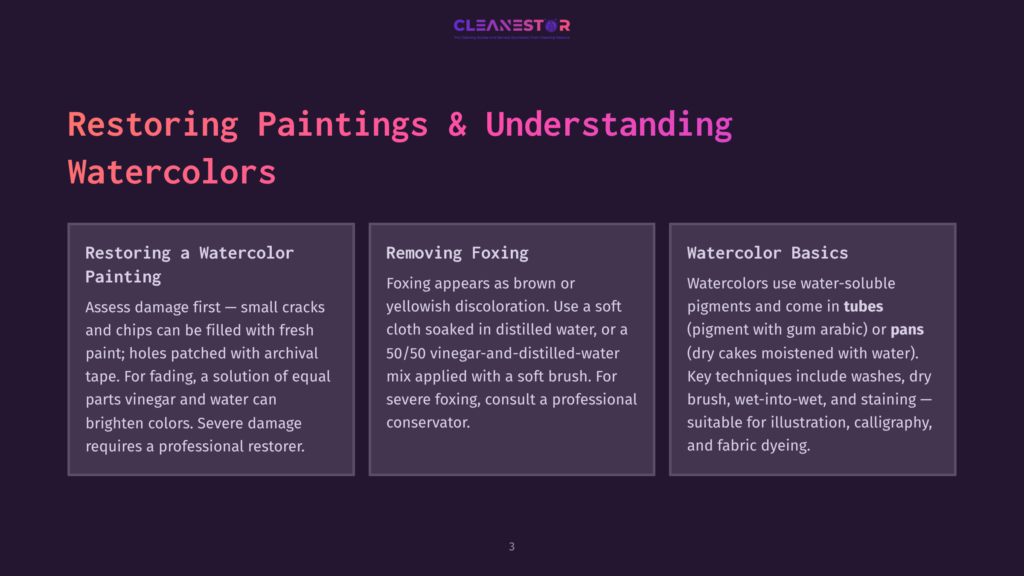 3 Restoring Paintings And Understanding Watercolors A Dark Background With The Title &Quot;Restoring Paintings &Amp; Understanding Watercolors&Quot; And Three Sections: &Quot;Restoring A Watercolor Painting,&Quot; &Quot;Removing Foxing,&Quot; And &Quot;Watercolor Basics,&Quot; Detailing Techniques And Materials.