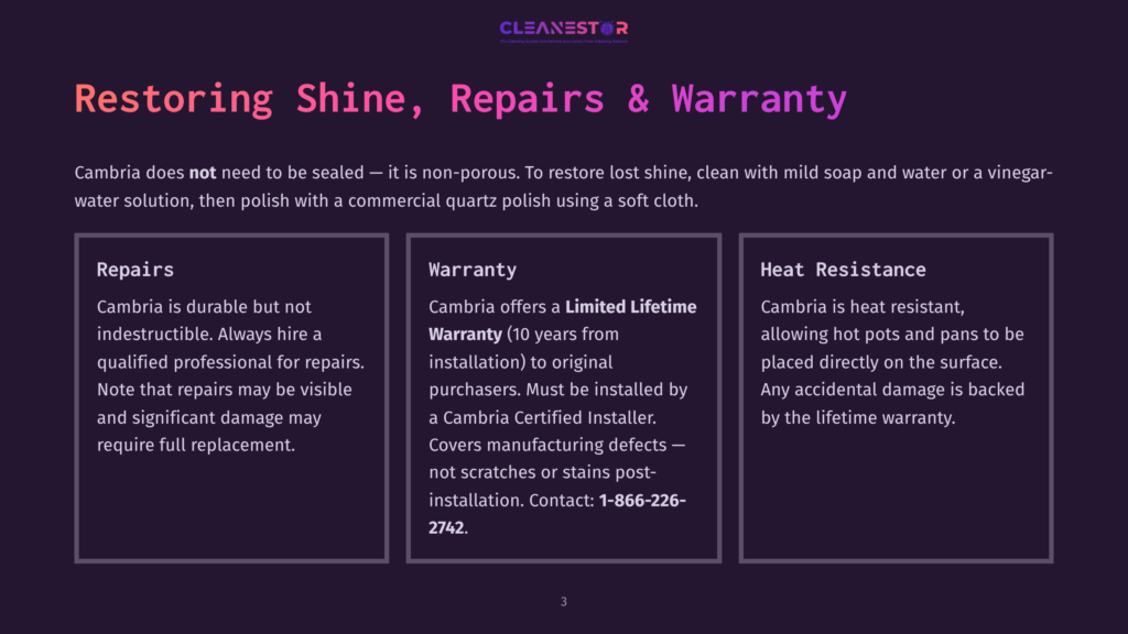 Cambria Countertops: Restoring Shine, Repairs, And A Limited Lifetime Warranty. Learn About Quartz Durability, Heat Resistance, And Installation.
