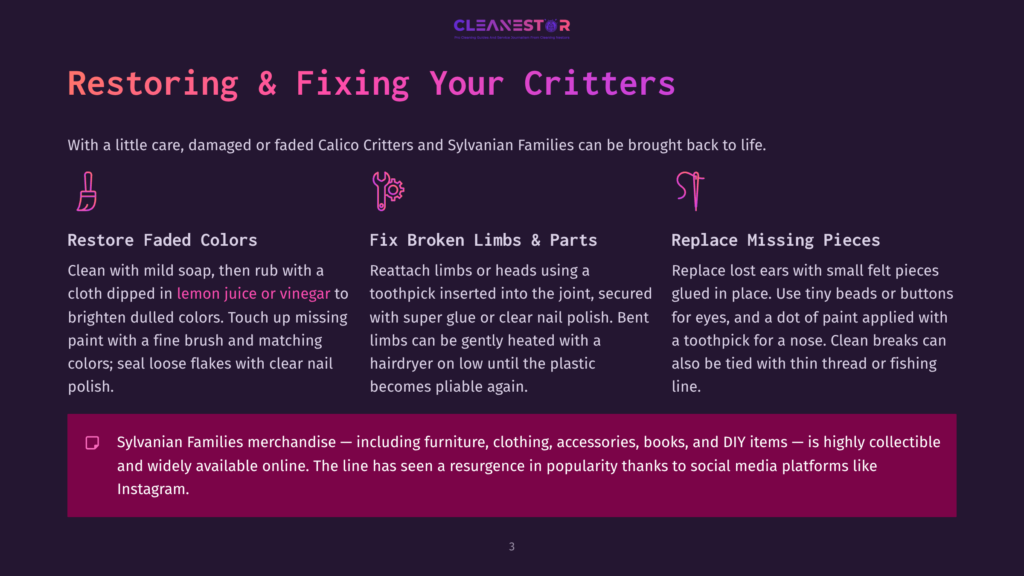 Restoring And Fixing Your Critters: Learn To Restore Faded Colors, Fix Broken Limbs, And Replace Missing Pieces For Calico Critters And Sylvanian Families Toys.